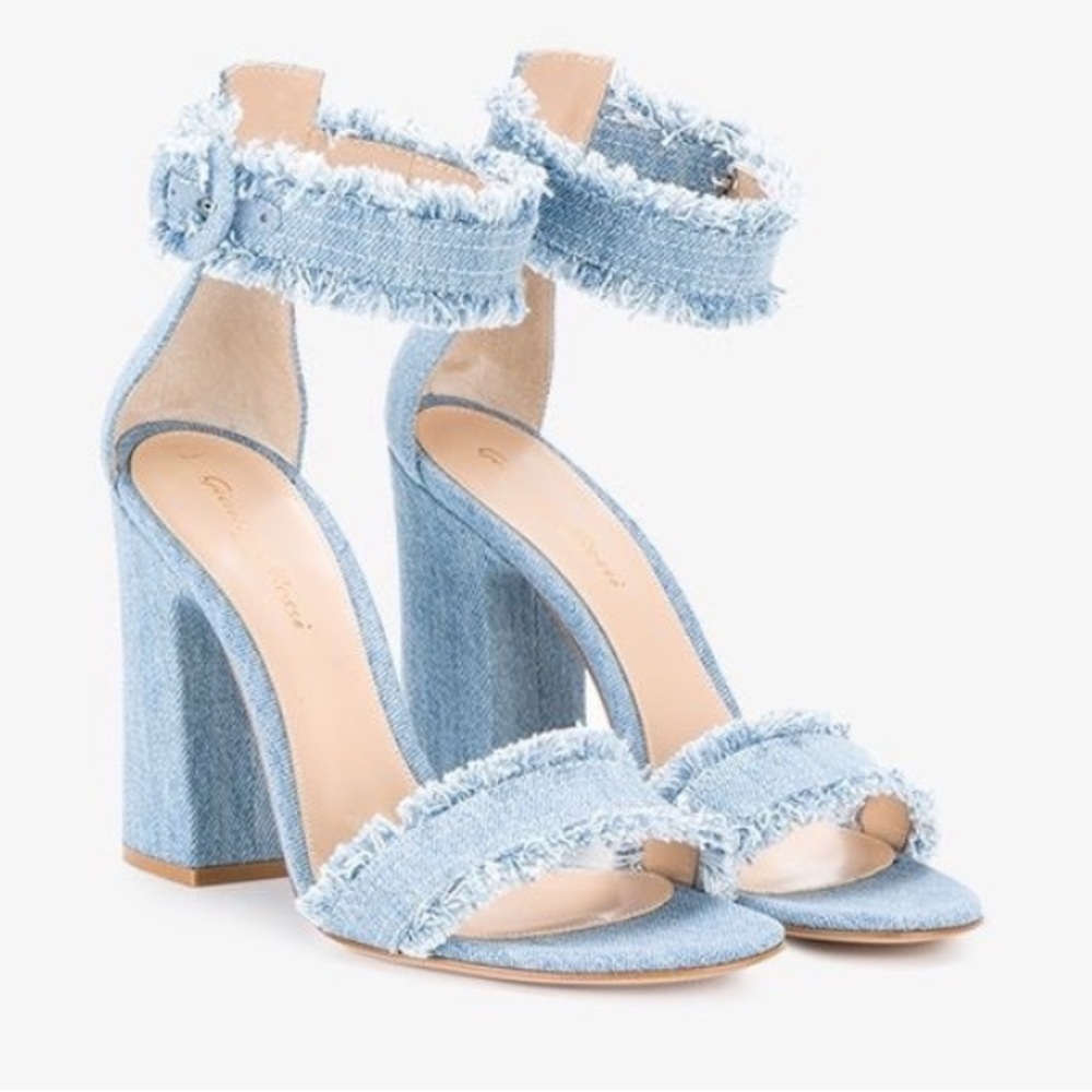 Gianvito Rossi Denim Fringe Block Heel Sandal